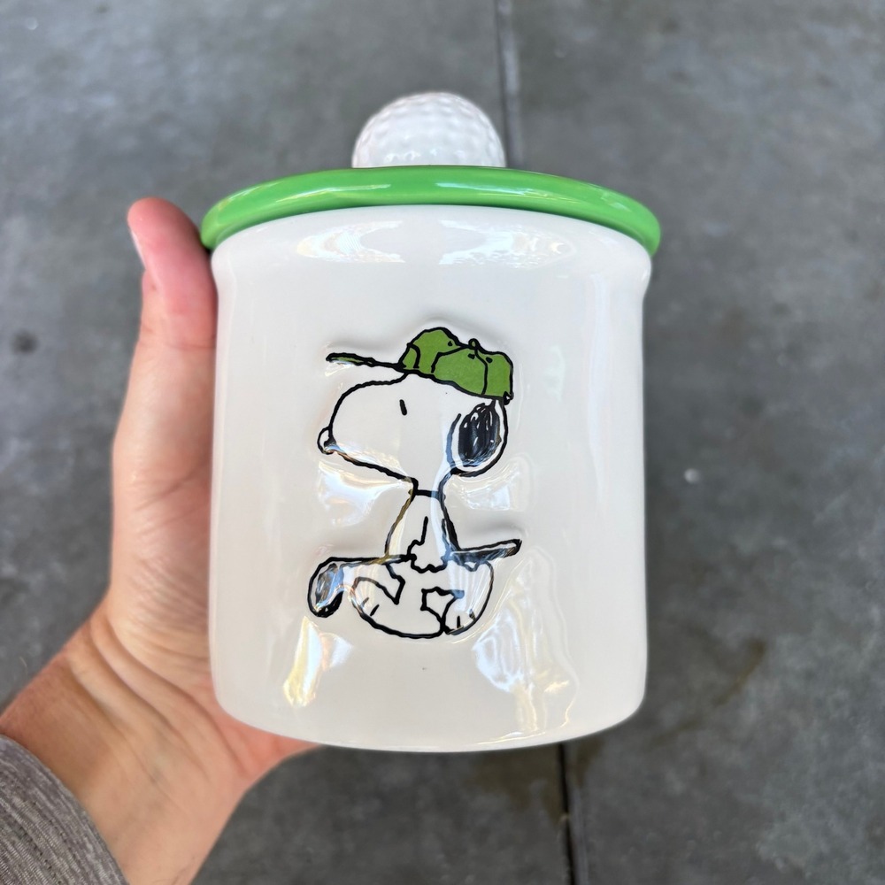 Rae Dunn x Peanuts Snoopy Tee Time Canister Golf Ball Lid White Green Ceramic
